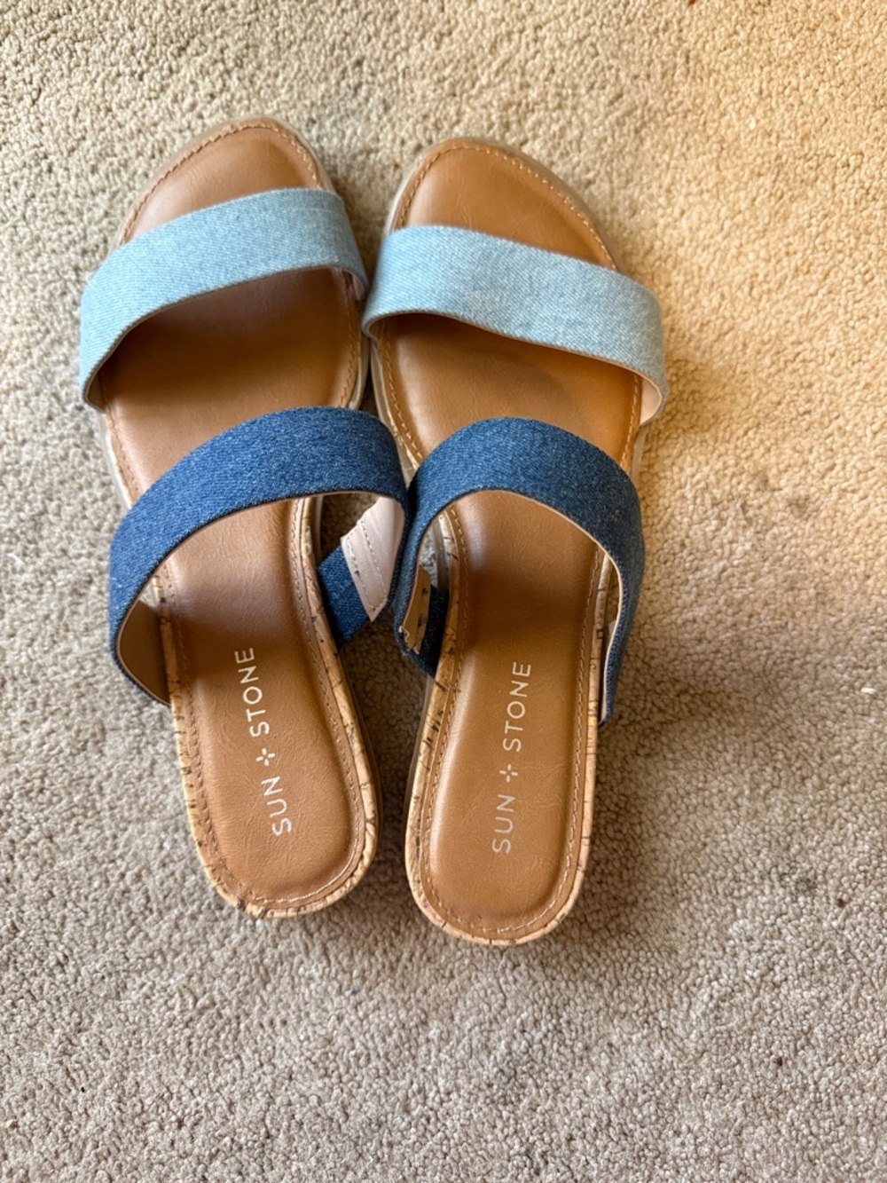 Sun + Stone Blue and Light Blue Two-Band Denim Slide Sandals